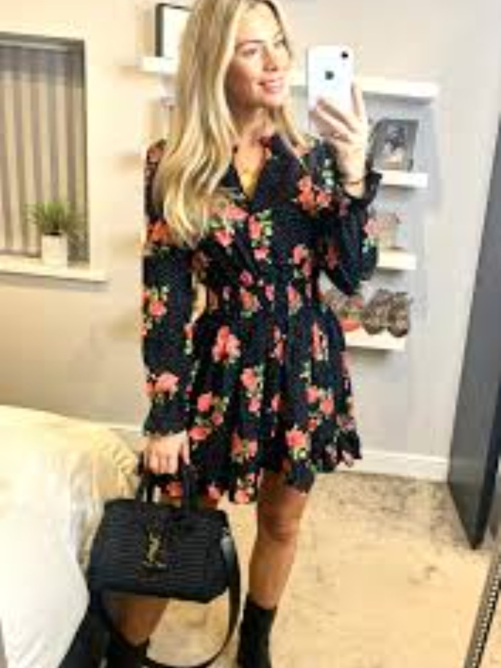 Floral Black Long-Sleeve V-Neck Mini Dress